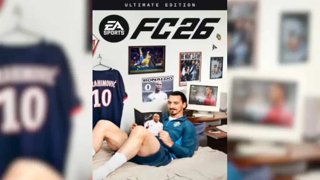 شاشة بداية لعبة EA Sports FC 26 Ultimate Edition مع شخصية رياضية وتفاصيل الواجهة