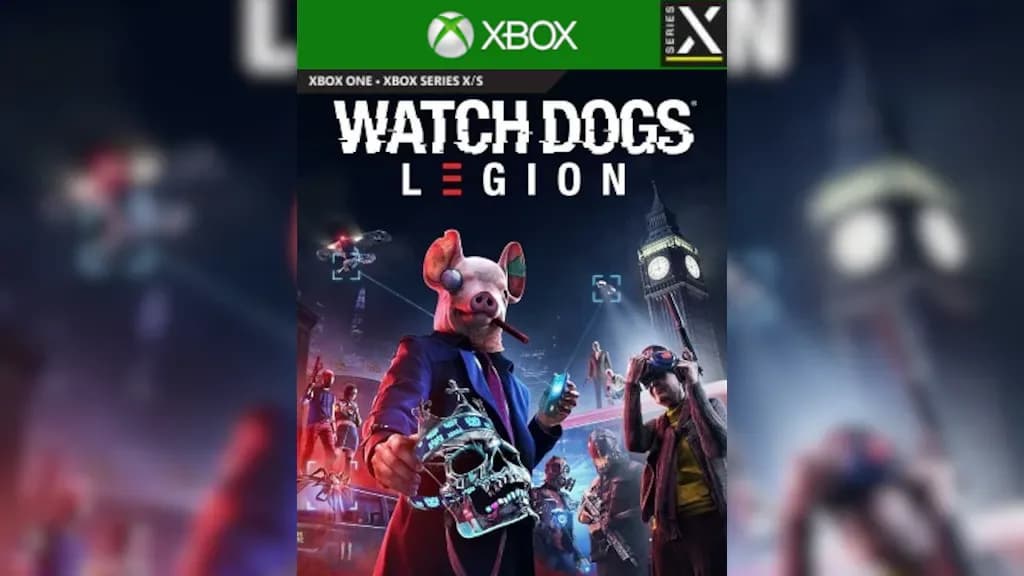 غلاف لعبة Watch Dogs Legion يظهر شخصيات مرتدية أقنعة في مدينة لندن مع معالم المدينة