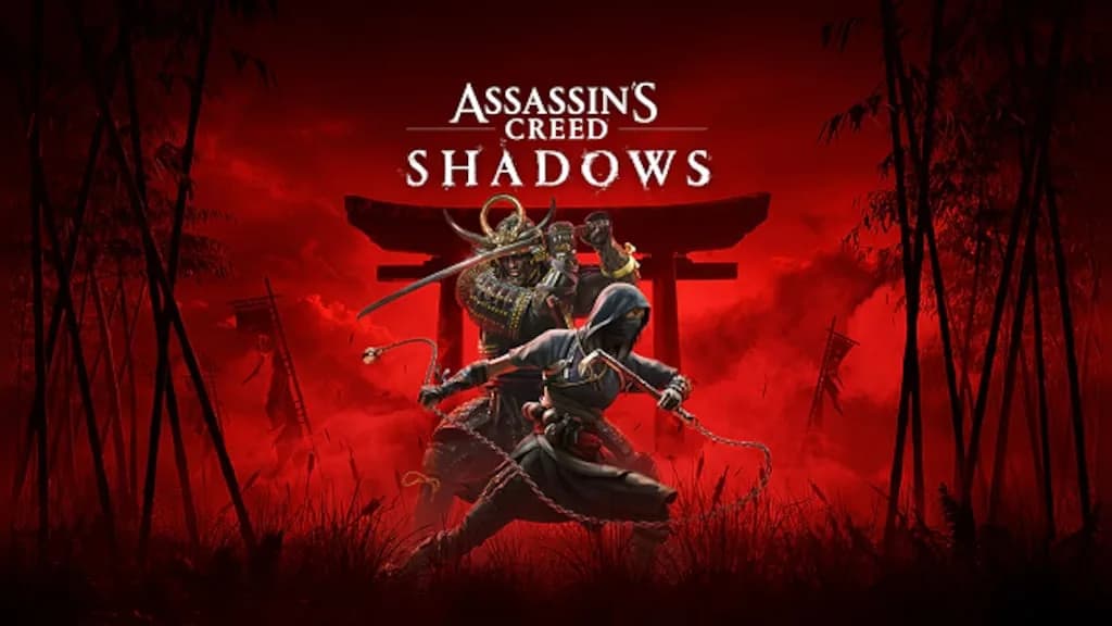 غلاف لعبة Assassin's Creed Shadows يظهر الشخصيات الرئيسية في بيئة تقليدية