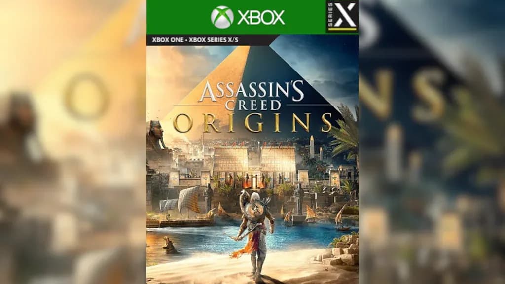 غلاف لعبة Assassin's Creed Origins لجهاز اكس بوكس يظهر الأهرامات والشخصية الرئيسية